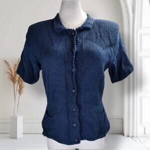 Vintage Allen Solly Collared Cardigan S Blue Cotton 90s Retro Knit